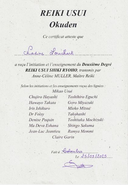 Certificat reiki niveau 2 Nadine Lou