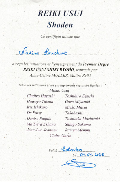 Certificat reiki niveau 1 Nadine Lou